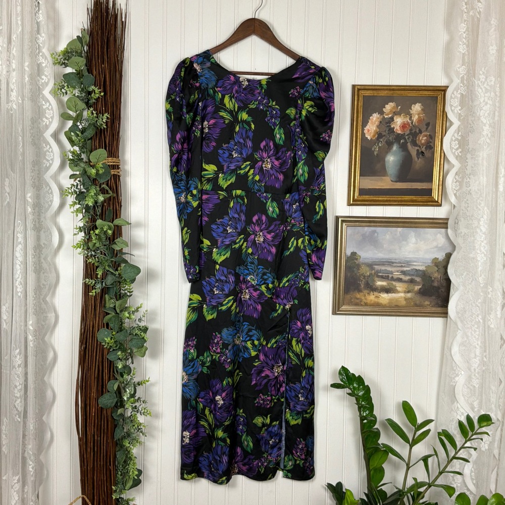 Adelyn Rae Floral Midi Dress Womens XS Black Purple‎ NWT Open Back Puff Sleeve